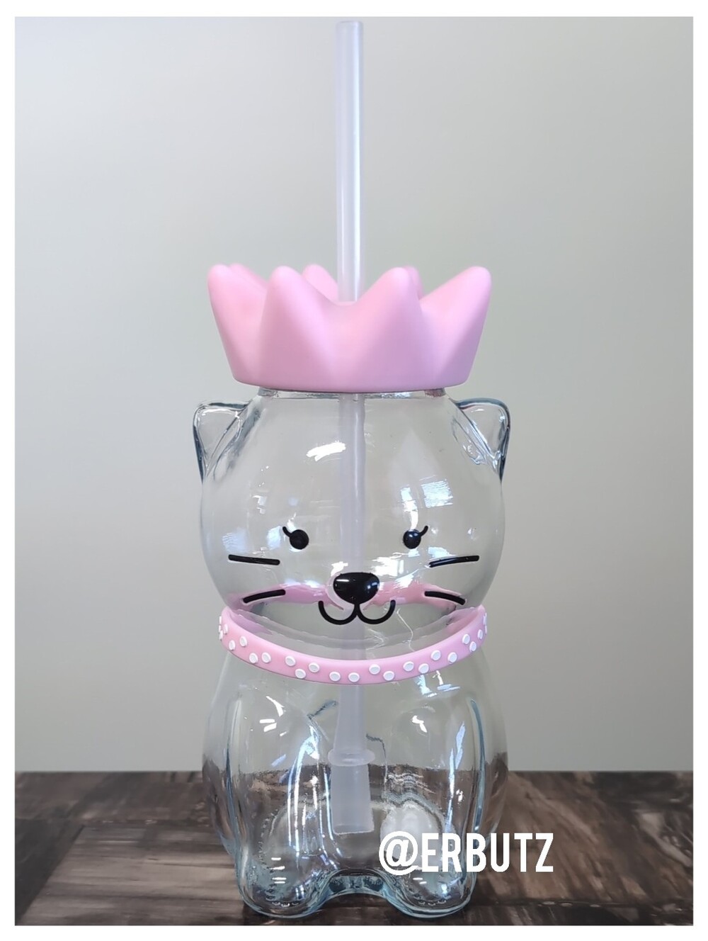 Sculpted Princess Kitty Cat Glass Tumbler with Straw, Silicone Crown Topper 👑